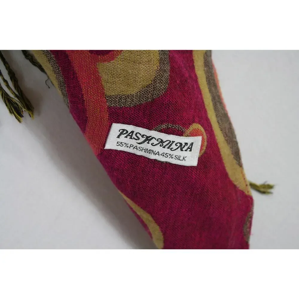 Vintage Y2K Pashmina Silk Scarf Wrap Pink Abstract Circles Fringe 60x28